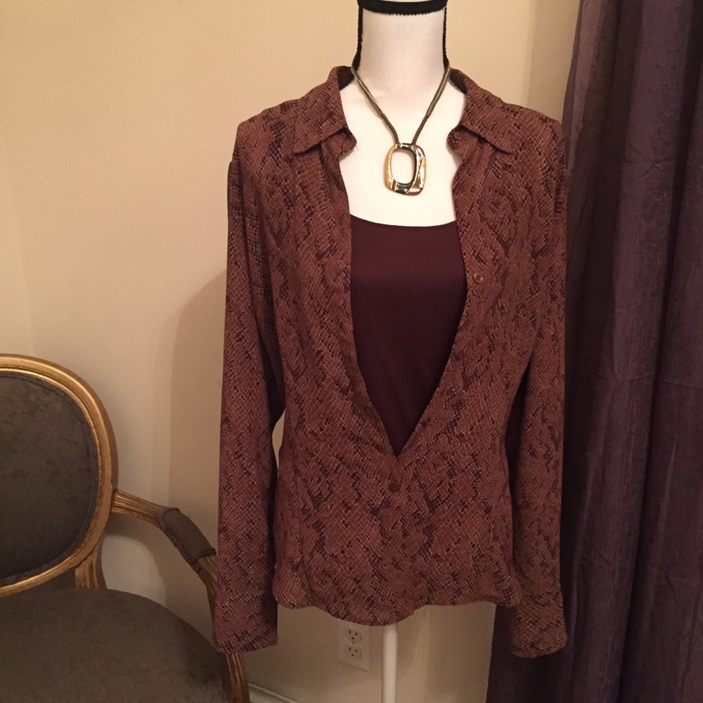 NY & Co Brown Print Button Blouse XL